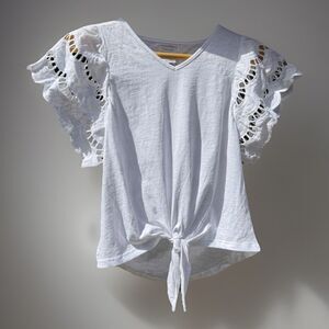 Tahari Girl's Size 12 Ruffle Eyelet Flutter Sleeve Tie Front Knot T-Shirt
